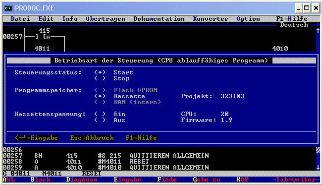 PDoc Menue Betriebsart
