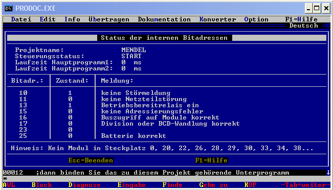 Diagnosefenster ALT-I  I